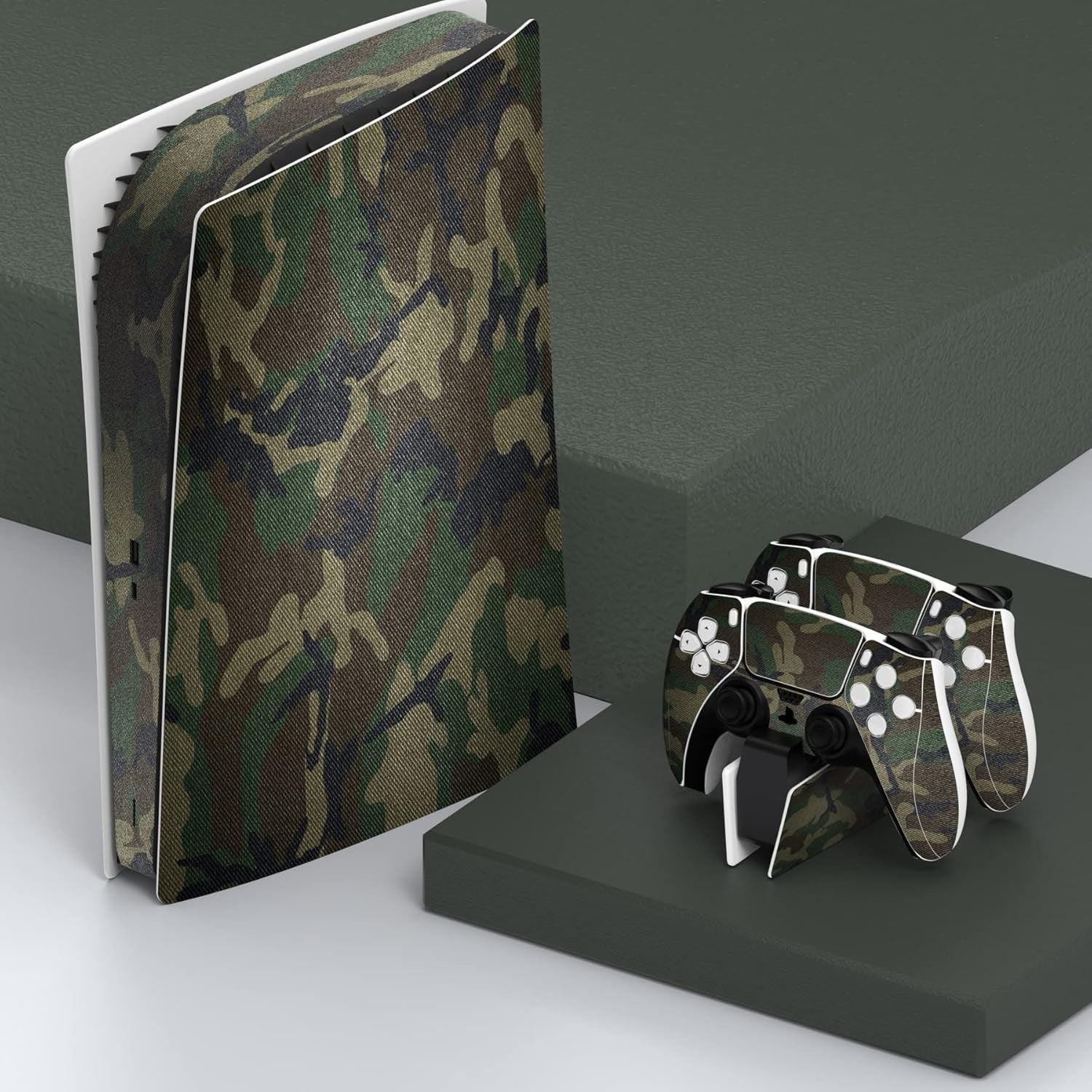 Army Green Camouflage Full Set Skin Decal for Ps5 Console Digital Edition, Sticker Vinyl Decal Cover for Ps5 Controller & Charging Station & Headset & Media Remote