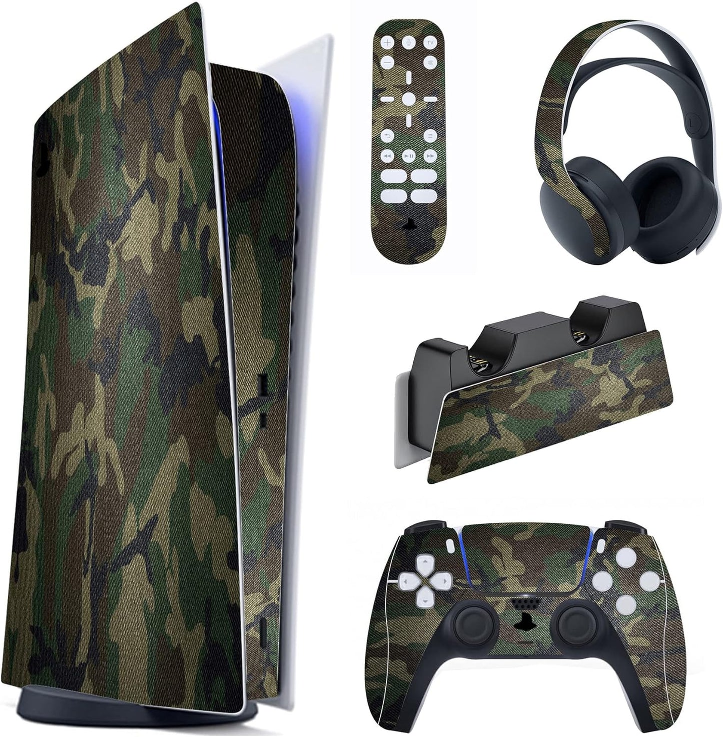 Army Green Camouflage Full Set Skin Decal for Ps5 Console Digital Edition, Sticker Vinyl Decal Cover for Ps5 Controller & Charging Station & Headset & Media Remote