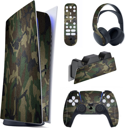 Army Green Camouflage Full Set Skin Decal for Ps5 Console Digital Edition, Sticker Vinyl Decal Cover for Ps5 Controller & Charging Station & Headset & Media Remote