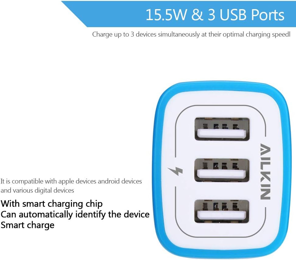 USB Charger Multi Port,  Micro USB Charger Charging Block USB Wall Plug Travel Charger Outlet Fast Charger Brick USB Charging Block Compatible Iphone Ipad, Iphone, and Iwatch (Blue/3Port)