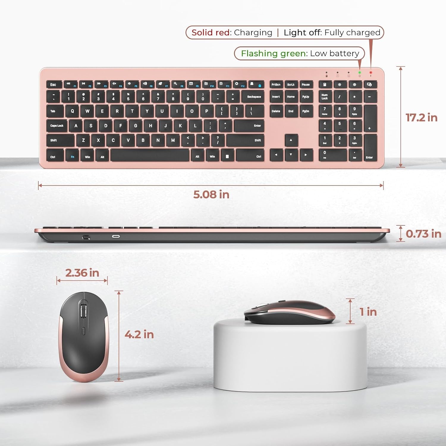 Rechargeable Wireless Keyboard Mouse Combo Full Size Cordless Keyboard & Mouse Sets with Build-In Lithium Battery Ultra Thin Quiet Keyboard Mice (Rose Gold & Black)