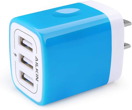 USB Charger Multi Port,  Micro USB Charger Charging Block USB Wall Plug Travel Charger Outlet Fast Charger Brick USB Charging Block Compatible Iphone Ipad, Iphone, and Iwatch (Blue/3Port)
