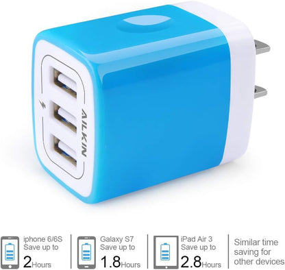 USB Charger Multi Port,  Micro USB Charger Charging Block USB Wall Plug Travel Charger Outlet Fast Charger Brick USB Charging Block Compatible Iphone Ipad, Iphone, and Iwatch (Blue/3Port)