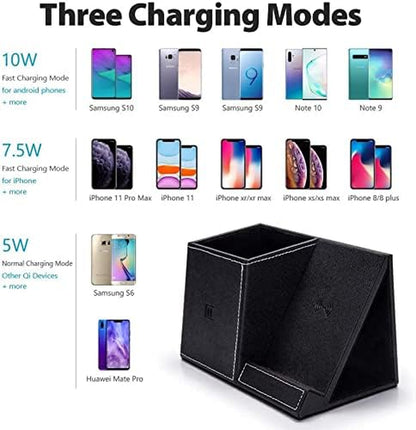 Wireless Charger Desk Stand Organizer, Wireless Charging Station, Desk Storage,10W Pen Holder Charger,For Iphone 15/14/ /13/12 Pro/11 Pro Max/Xs MAX/XR/XS/X/8, Galaxy Z/S20/Note 10/S10 plus (Black)
