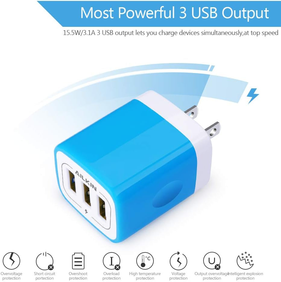 USB Charger Multi Port,  Micro USB Charger Charging Block USB Wall Plug Travel Charger Outlet Fast Charger Brick USB Charging Block Compatible Iphone Ipad, Iphone, and Iwatch (Blue/3Port)