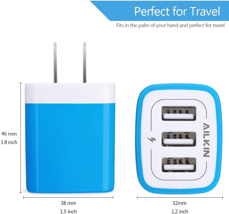 USB Charger Multi Port,  Micro USB Charger Charging Block USB Wall Plug Travel Charger Outlet Fast Charger Brick USB Charging Block Compatible Iphone Ipad, Iphone, and Iwatch (Blue/3Port)