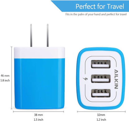 USB Charger Multi Port,  Micro USB Charger Charging Block USB Wall Plug Travel Charger Outlet Fast Charger Brick USB Charging Block Compatible Iphone Ipad, Iphone, and Iwatch (Blue/3Port)